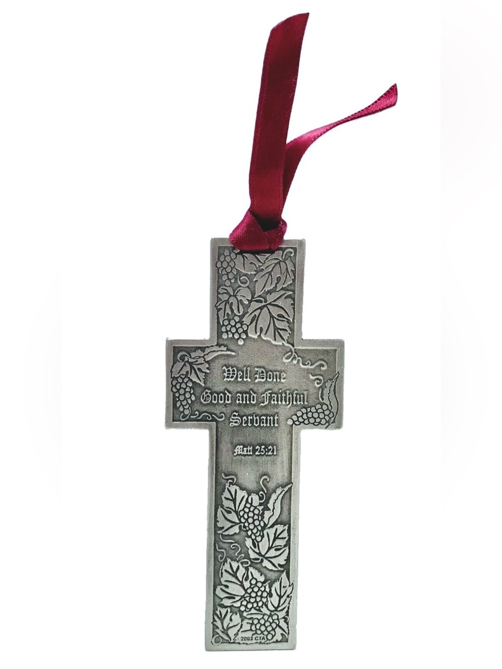 Pewter Cross Ornament Grapevine Design Purple Ribbon Inscribed With Matt 25:21